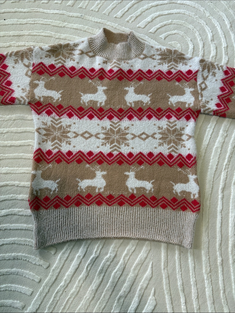 SHEIN Beige, White & Red Reindeer Fair Isle Turtleneck Sweater